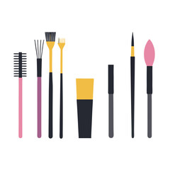 a collection of stylized makeup tools. From left to right, there is a mascara wand with a pink handle, a fan brush with a pink handle, two flat brushes with yellow handles, a foundation brush