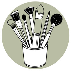 a simple illustration of a collection of makeup brushes and tools placed in a cup. The brushes vary in shape and size, indicating different types for various makeup applications