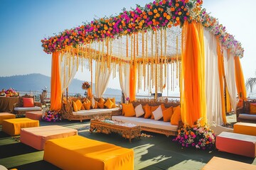 Indian wedding celebration with vibrant attire, joyful expressions, bright sunlight, decorated venue with flowers.