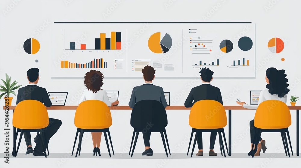 Poster business meeting illustration with team analyzing data charts and graphs in a modern office setup