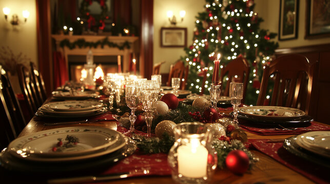 St&oacute;ł przygotowany na rodzinny obiad wigilijny emanuje ciepłem i przytulnością. Czerwony obrus z białymi świątecznymi wzorami pokrywa powierzchnię stołu.