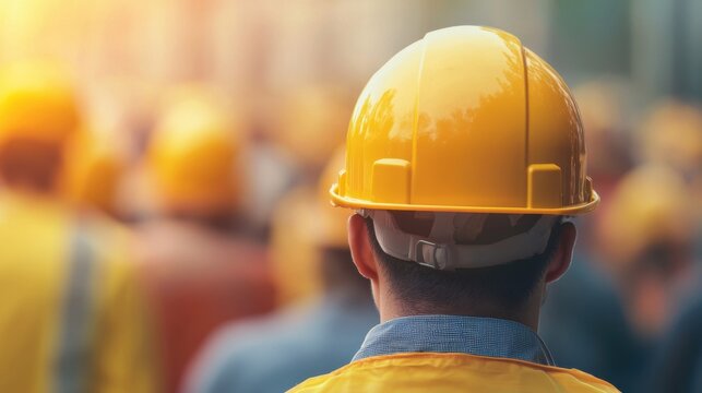 A construction worker wearing a yellow hard hat, focused on the bustling work environment around him. Safety first in construction!