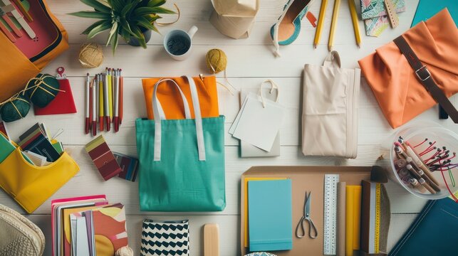 Preparing branded merchandise for promotional event in company swag kit. Concept Branded Merchandise, Promotional Items, Company Swag Kit, Event Giveaways, Marketing Materials 