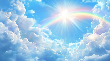 cartoon anime drawing of blue cloudy sky with colorful rainbow