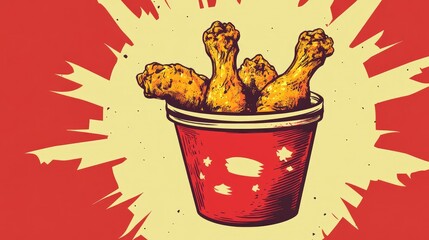 A dynamic icon of fried chicken legs, displayed in a bucket with vibrant red branding for a fast-food theme.
