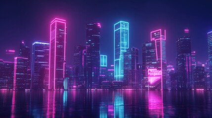 W nocnym krajobrazie mega miasta wyróżniają się potężne wieżowce z neonowymi iluminacjami, które odbijają się w szklanych fasadach budynków.