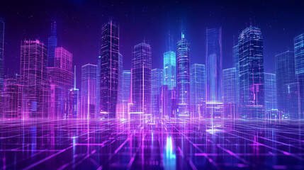 Fototapeta premium W nocnym krajobrazie mega miasta wyróżniają się potężne wieżowce z neonowymi iluminacjami, które odbijają się w szklanych fasadach budynków.