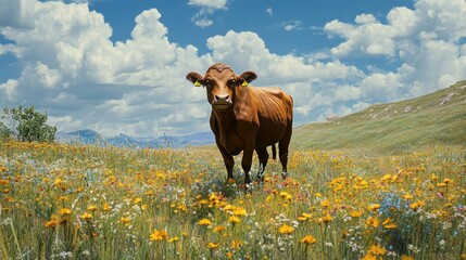 A large brown cow standing in the middle of a wildflower-filled meadow on a sunny day.