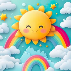Fototapeta premium Smiling clouds and vibrant rainbows with cute faces in a playful kids wallpaper