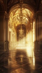 Obraz premium Luxurious palace hallway with soft lighting and rich textures perfect for a fashion spread