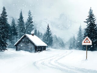Naklejka premium Mountain cabin, snow falling heavily, blizzard warning sign, Watercolor style