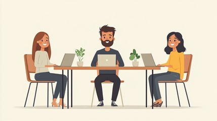 Illustration of Three People Working on Laptops at an Office Table