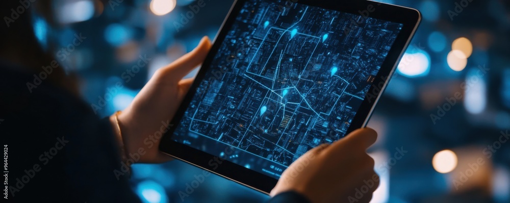 Poster hands holding a digital tablet displaying a futuristic city map with glowing data points in a techno
