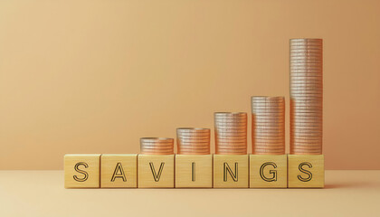 Fototapeta premium Conceptual image of savings growth with stacked coins and wooden blocks spelling 'savings' on a soft background.