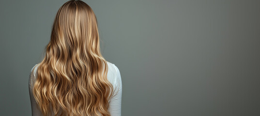 Fototapeta premium Rear view of a woman with perfect, long and luxurious curls against a neutral background 