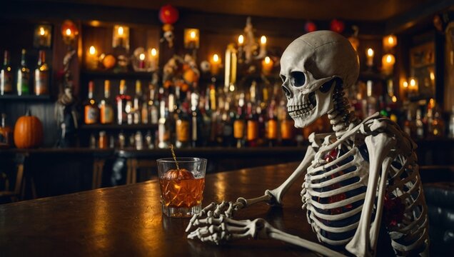 skeleton drinking in a bar on Halloween