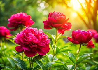 Radiant red peony flowers blooming in a lush, green garden, surrounded by delicate leaves and soft, afternoon light, capturing the beauty and elegance of nature, with a sense of serenity and wonder.