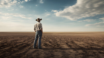 A farmer stands in a dry barren field, gazing at the vast, empty landscape under a bright sky with scattered clouds
