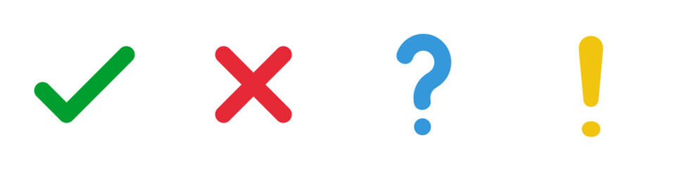 green check and red cross symbols, blue question mark and yellow exclamation point, rounded vector icons set