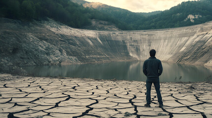 A person stands thoughtfully in front of a dried-up dam, surrounded by cracked earth and reflecting on the impact of drought and environmental change