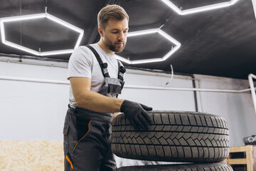 Mechanic changing wheel, replacement of winter and summer tires of modern car.