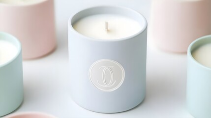 Blue Scented Candle with White Wax and Silver Emblem