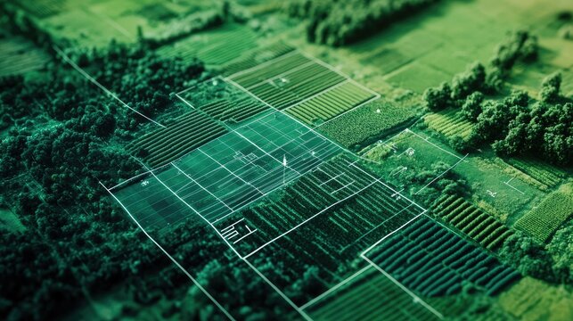 A satellite image of farmlands, with data overlays showing crop health and water usage
