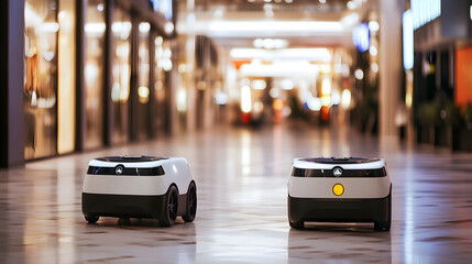 Obraz premium Autonomous delivery robots navigating through a modern, brightly lit shopping mall, showcasing innovative technology and convenience