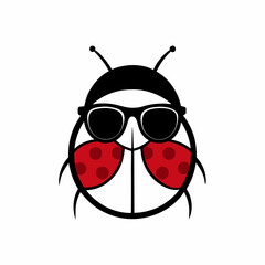 A Ladybug with sunglass logo icon, silhouette style, minimalist, white background 