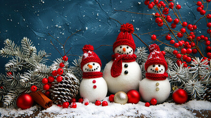 Knitted Tiny wool Snowmens on Blue Background with Soft Snow 