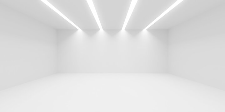 Empty, blank white room with multiple vertical light slit openings in the ceiling center, interior template with copy space