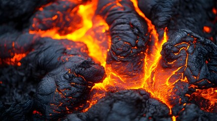 A detailed close-up of hot, glowing lava cooling on the surface of volcanic rock, showing the texture and intense heat of molten earth.