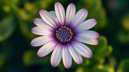 Fototapeta premium A close-up photo of a beautiful African daisy with white petals, a purple center, and a yellow ring surrounding the disc florets. Bathed in soft sunlight, green blur background.