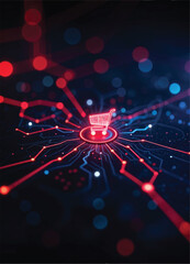 a glowing neon red shoping cart with a circular line on it and glowing circuit patterns on it