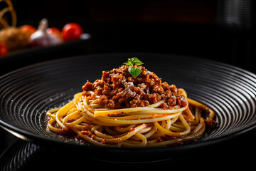 Spaghetti bolognese on a black plate.