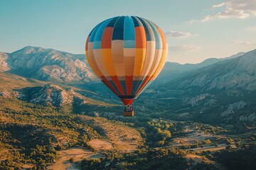 Naklejka premium Hot Air Balloon Soaring Over Mountainous Landscape.
