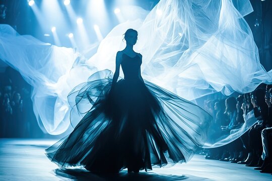 Haute couture model walking on a futuristic runway, avant-garde designs, dramatic lighting, abstract architecture in the background.