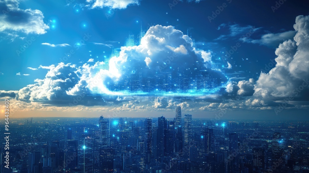 Poster cloud computing and data exchange between cities across the globe, showcasing virtualization and the