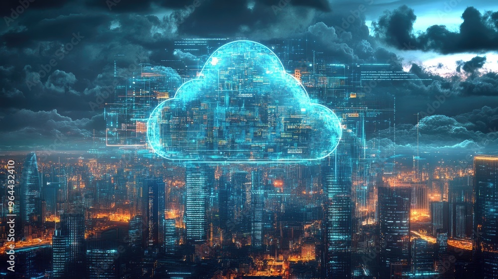 Poster cloud computing and data exchange between cities across the globe, showcasing virtualization and the