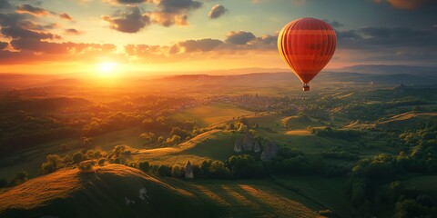 Obraz premium Hot Air Balloon Soaring Over Rolling Hills at Sunset.