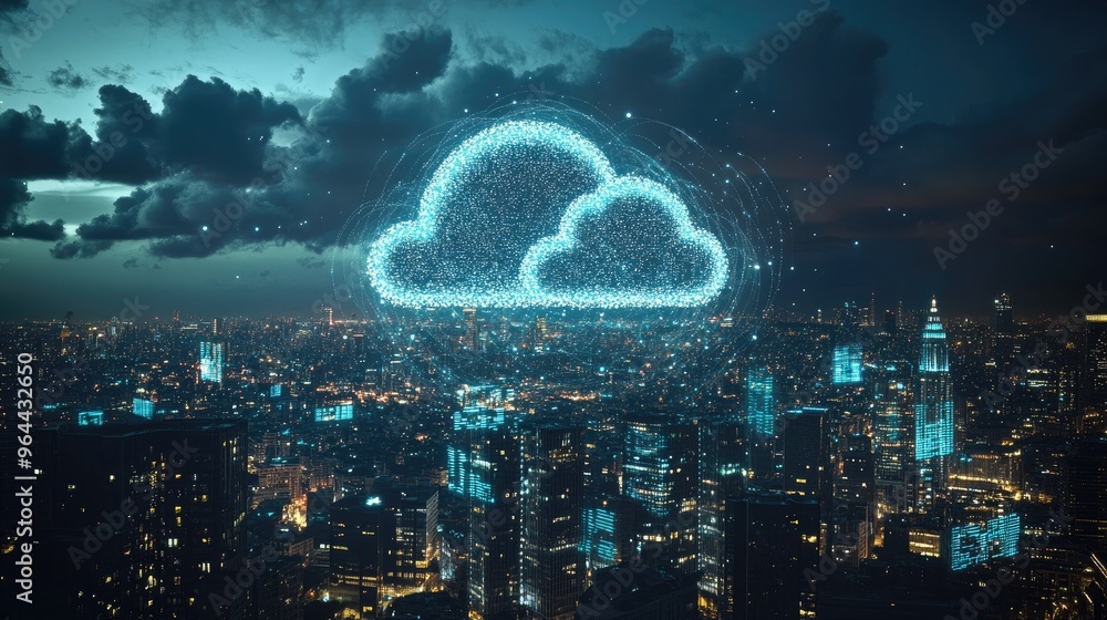 Poster cloud computing concept with digital data transferring across cityscapes and global networks, highli