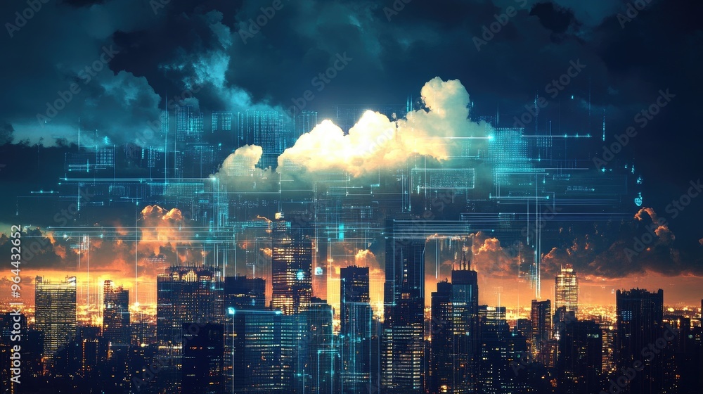 Poster cloud computing and data exchange between cities across the globe, showcasing virtualization and the