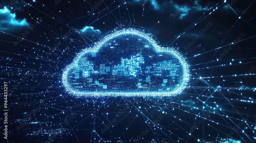 Aufkleber Cloud computing data transfer concept, showing connected cities worldwide with a focus on virtualization and digital communication.