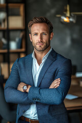 Fototapeta premium Businessman in Office, A confident businessman stands in his office with arms crossed, gazing directly at the camera, exemplifying professionalism and authority