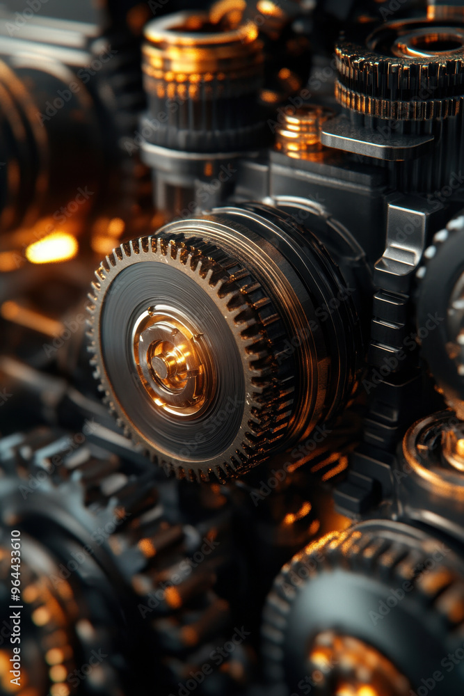 Poster gear system, a detailed 3d illustration of an efficient gear system featuring interconnected cogs fo