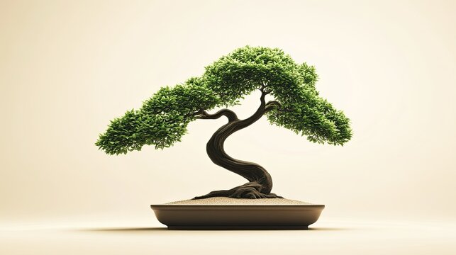 Bonsai tree with cascading branches and a simple base icon, representing peace and tranquility.