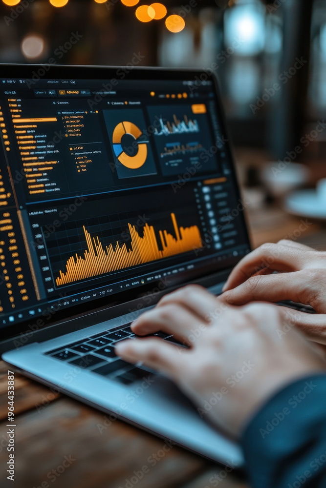 Poster data analysis, a person?s hands using a laptop displaying various data visualizations, charts, and g
