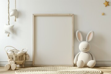 Mock up frame in children room with natural wooden furniture 3D render