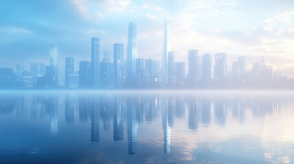 Fototapeta premium City Skyline, A modern city skyline featuring minimalistic buildings with reflective surfaces set against a soft blue background, ideal for visuals and design