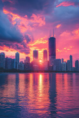 Fototapeta premium City Sunset, A stunning sunset illuminates the city skyline, with skyscrapers reflecting the warm colors of the vibrant sky in the golden hour